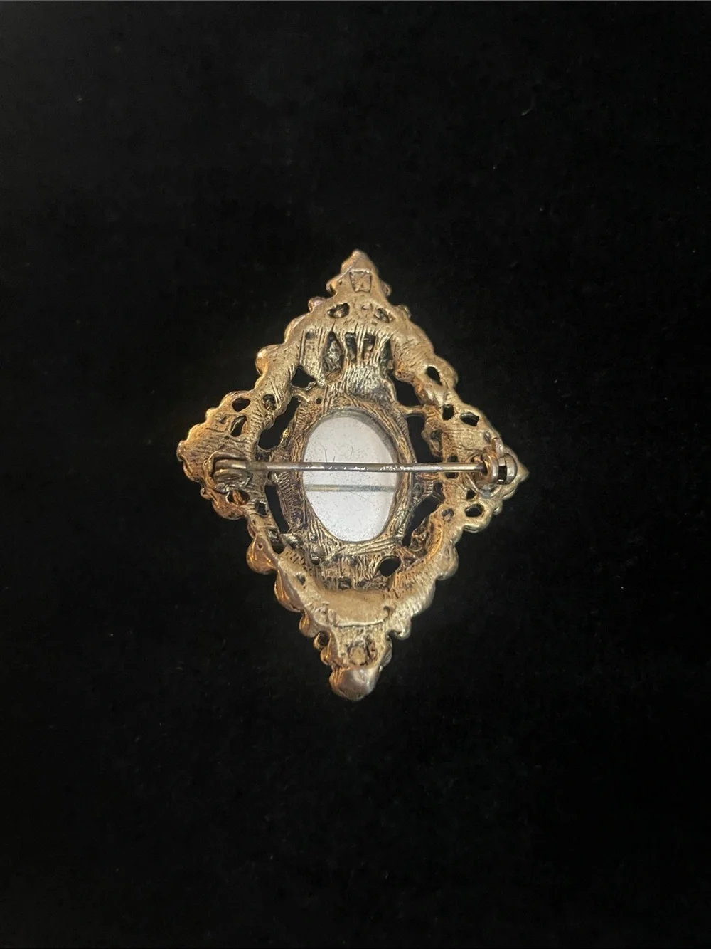 Vintage Gold Tone Filigree Brooch with Dark Teal Cabochon